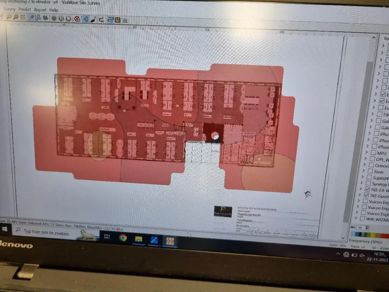 De meetsoftware waarin de dekking per punt wordt uitgezet tijdens een site survey